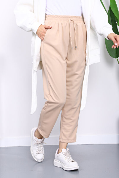 İmajButik Beige Elastic Waist Double Pants with Pockets