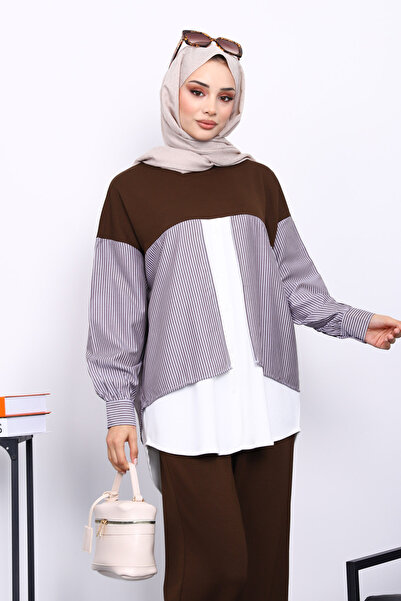 İmajButik Καφέ συνδυασμός υφασμάτων Σετ Modal με Παντελόνι Τουνίκ