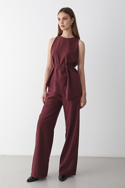 JASTE Women's Burgundy Crew Neck Blouse with Belt Detail & Elastic Waist Pants Top & Bottom Set