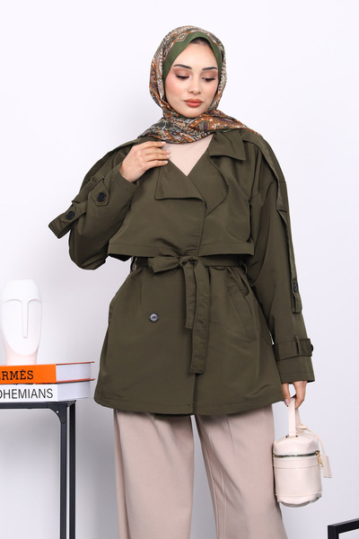 İmajButik Haki Kruvaze Yaka Astarlı Kısa Trençkot
