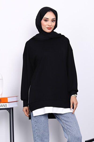 İmajButik Black Crew Neck Side Zipper Tunic