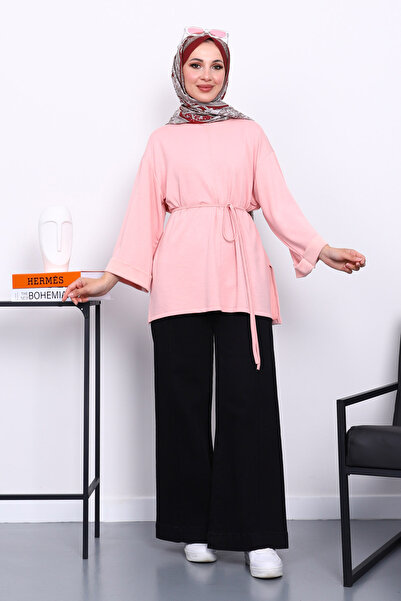 İmajButik Pudra Yanları Slit Waist Drawstring Tunic