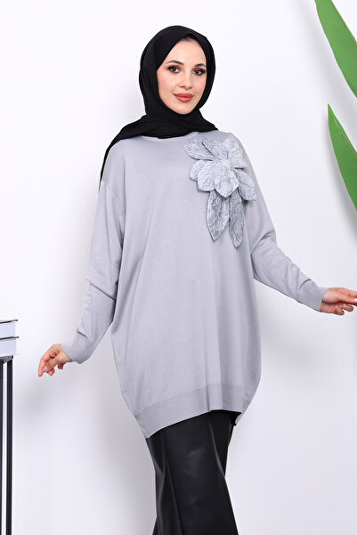 İmajButik Γκρι Ψυχρό Πλεκτό Τούνικ με Λεπτομέρεια Λουλουδιών