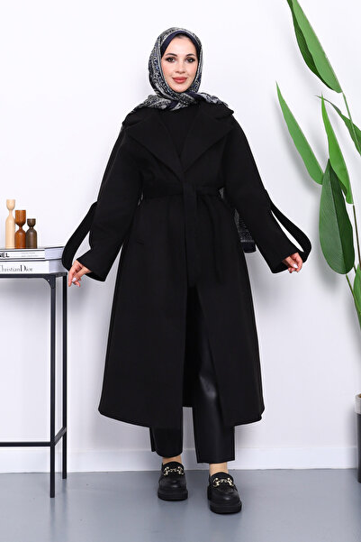İmajButik Black Lined Cashmere Coat with Epaulettes on the Sleeves