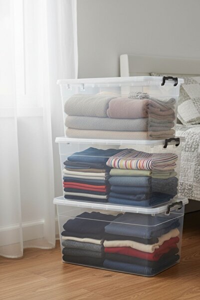 Aghilo Lockable Storage Container Set of 3 25X3=75Lt – with Lid & Transparent Food / Organization Box