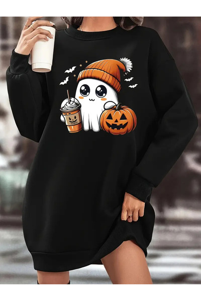 Pink Sky Cadılar Bayramı Desenli Kışlık Sweatshirt Elbise