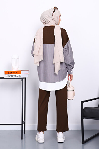 İmajButik Καφέ συνδυασμός υφασμάτων Σετ Modal με Παντελόνι Τουνίκ