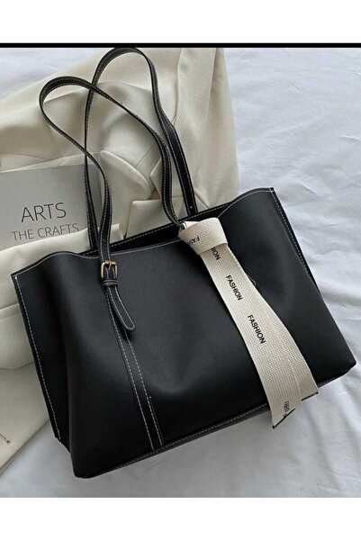 ÖZÜM TAKI حقيبة كتف نسائية كبيرة الحجم بتفاصيل وشاح باللون الأسود