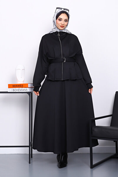 İmajButik Black Waist Detailed Jacket Skirted Scuba Suit