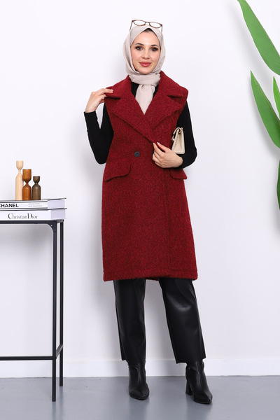 İmajButik Claret Red Double-Breasted Collar Lined Cashmere Vest