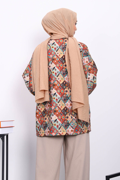 İmajButik Μπουφάν κιμονό με έθνικ σχέδιο σε μπεζ χρώμα