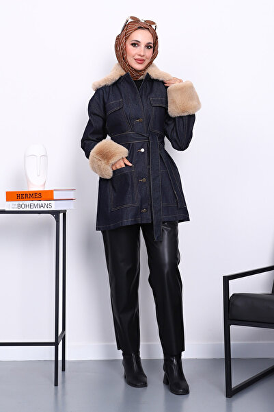İmajButik Μπουφάν τζιν με βελούδινο μανίκι με γιακά σε μπλε ναυτικό χρώμα