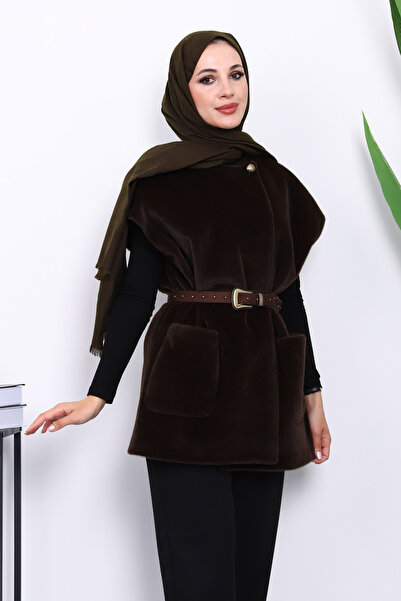 İmajButik Dark Brown Pocketed Belted Cashmere Vest