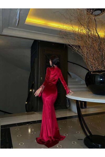 Modafeminen Uzun kollu, balık kesim ve derin yırtmaç detaylı elbise 583062 KIRMIZI