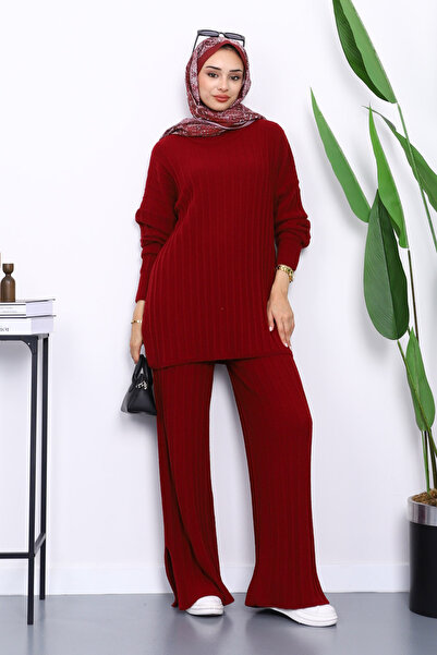 İmajButik Σετ πλεκτό μπορντό κοτλέ Yumoş με παντελόνι τουνίκ