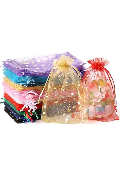 Generic 100PCS Moon Star Organza Bags, 4x6" Wedding Favors Bags with Drawstring, Mixed Color Little Mesh Ca