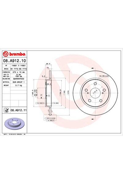 Brembo Set Discuri Frana Toyota Auris/Corolla Quest Limuzina/Corolla Limuzina...