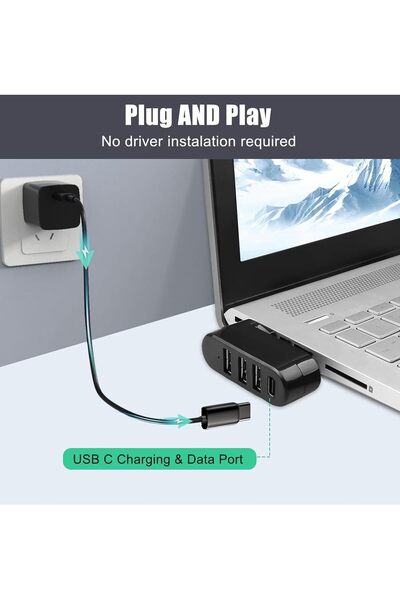 Allkindmore USB 3.0 4-Port Hub (Rotatable 90°/180°) with USB-A and USB-C Ports - Extender for Laptops, MacBook