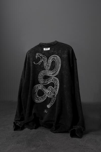Slatra Erkek Antrasit Snake Nakışlı Özel Yıkamalı Oversize Sweatshirt