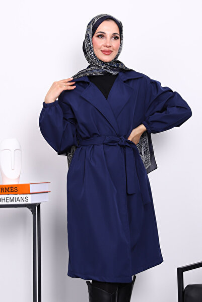 İmajButik Μπλε μπλέ καμπαρντίνα με διπλό γιακά με ζώνη