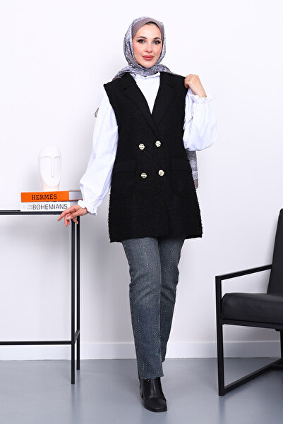 İmajButik Black Buttoned Boucle Vest