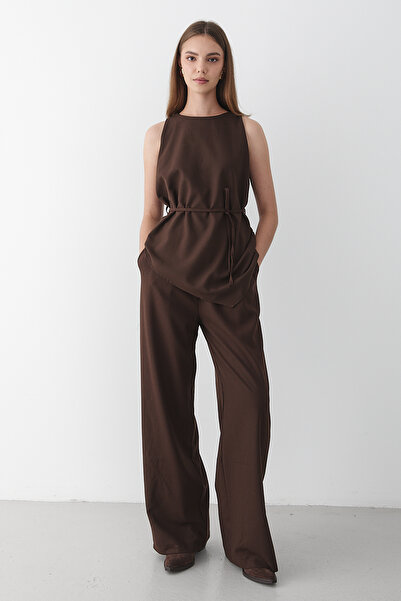 JASTE Women's Brown Crew Neck Blouse with Belt Detail & Elastic Waist Pants Top & Bottom Set