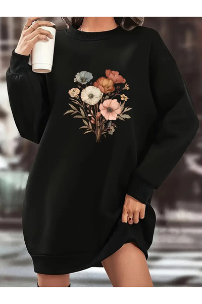 Pink Sky Women's Floral Printed Black Oversized Sweatshirt Dress