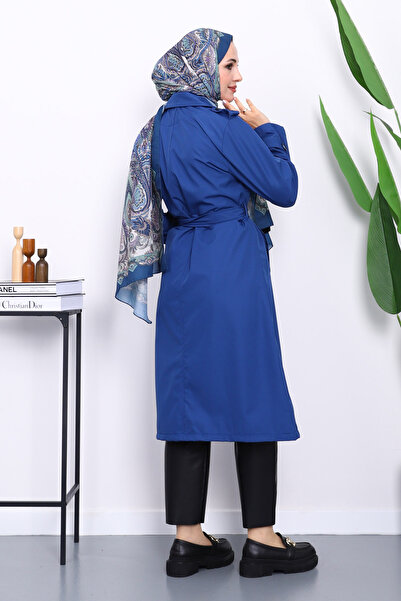 İmajButik μπλε κοβαλτίου Μπλε καμπαρντίνα με γιακά και ζώνη με κουμπιά