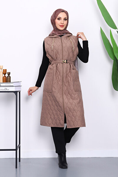 İmajButik Koyuv Vizon Kapüşonlu Kemerli Kapitone Yelek