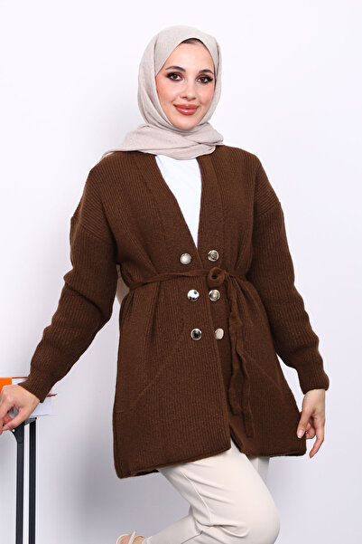 İmajButik Μαλακό πλεκτό ζακέτα με καφέ λεπτομέρεια τσέπης