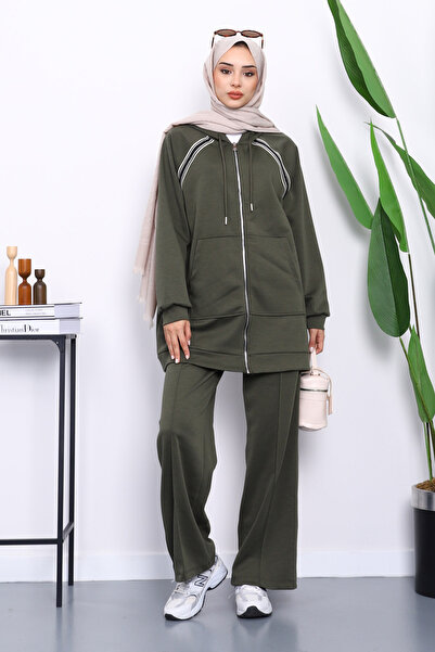 İmajButik Σετ Modal με Χακί Τούνικ Παντελόνι με φερμουάρ