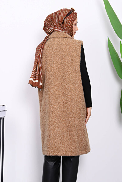 İmajButik Mink Double-Breasted Collar Lined Cashmere Vest