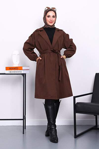 İmajButik Καφέ καμπαρντίνα με ζώνη διπλό πέτο