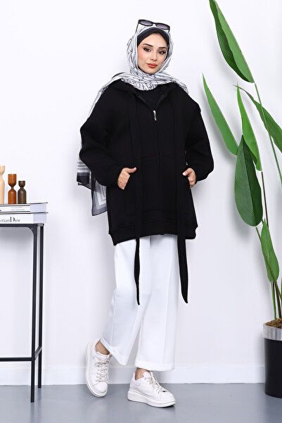 İmajButik Black Lace Detailed Three Thread Hooded Cardigan