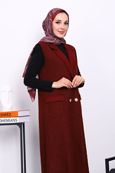 İmajButik Burgundy Buttoned Long Boucle Vest