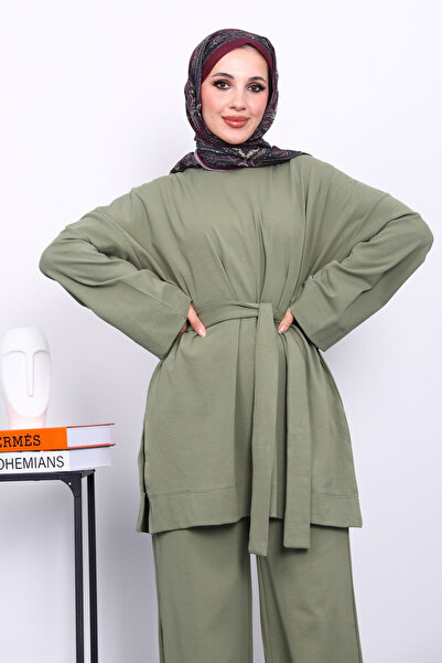 İmajButik Khaki Crew Neck Side Slit Set
