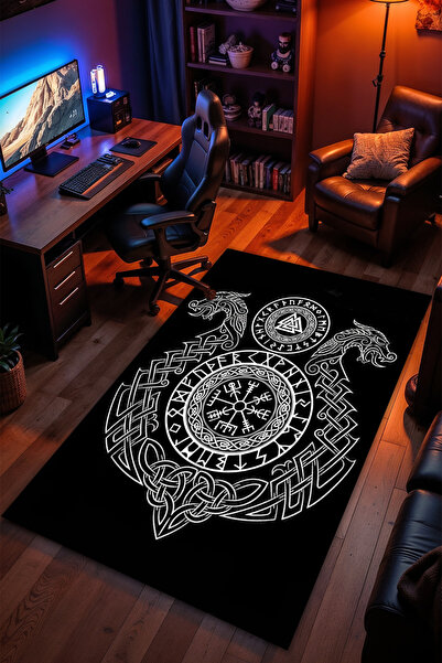 Viking Mythology Patterned Anti-Slip Sole Machine Washable Gaming Player Gaming Teen Room Rug