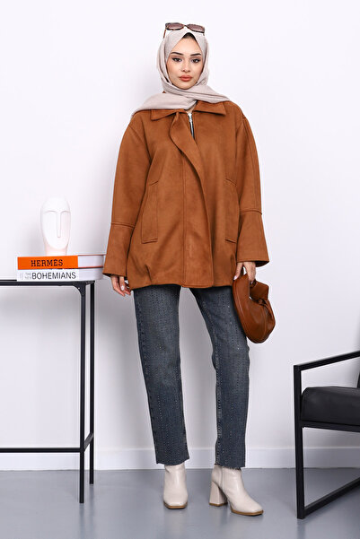 İmajButik Μπουφάν Taba oversized με φερμουάρ από σουέντ