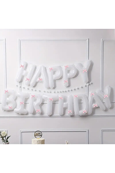 kidspartim Happy Birthday White Foil Balloon Set with Pink Ribbon 33 Pieces