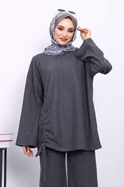 İmajButik Füme Ruched Detail Corded Fabric Tunic Trouser Suit