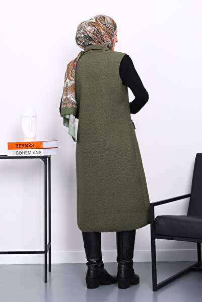 İmajButik Khaki Buttoned Long Boucle Vest