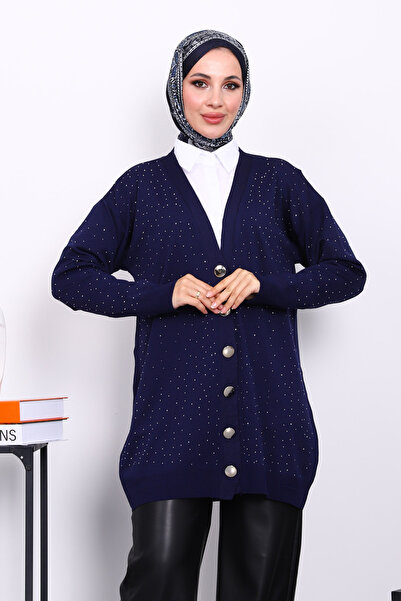 İmajButik Navy Blue Cold Yarn Stone Knitwear Cardigan