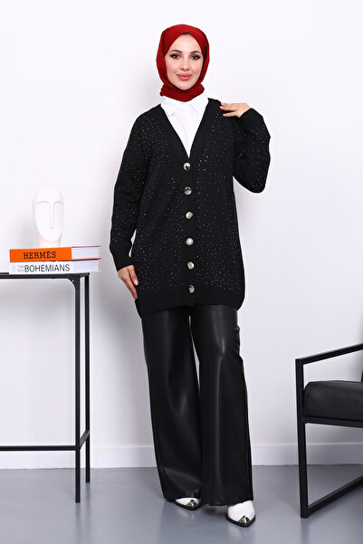 İmajButik Black Cold Yarn Stone Knitwear Cardigan