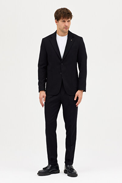 Frappoli Lerma Men's Black Bag Pocket Half-Lined Jacket+Pleated Trousers 2-Piece Slim Fit Suit