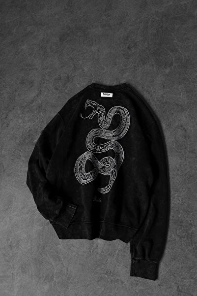 Slatra Erkek Antrasit Snake Nakışlı Özel Yıkamalı Oversize Sweatshirt