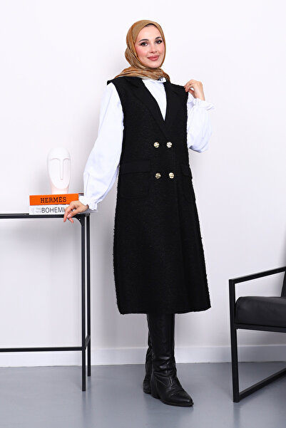 İmajButik Black Buttoned Long Boucle Vest