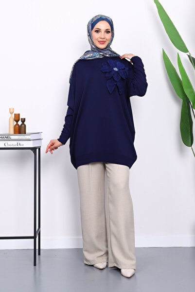 İmajButik Navy Blue Cold Yarn Floral Detailed Knitwear Tunic