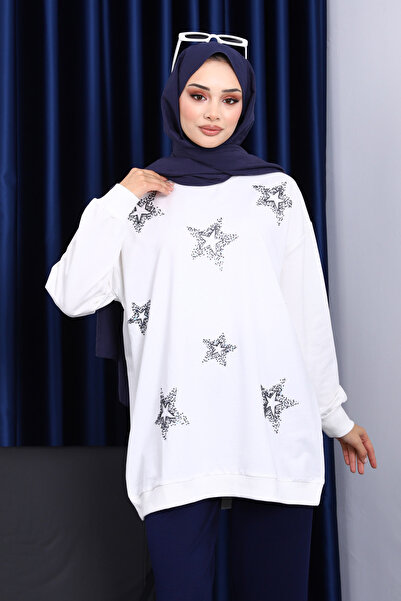 İmajButik Φούτερ Modal με λαιμόκοψη Ecru με πέτρες