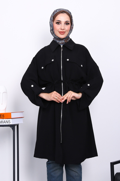 İmajButik Μαύρο καπέλο Gabria με διπλή τσέπη με ζώνη μέσης