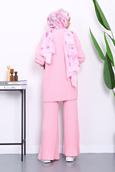 İmajButik Pink Corded Fabric Yumoş Tunic Knitwear Set with Trousers